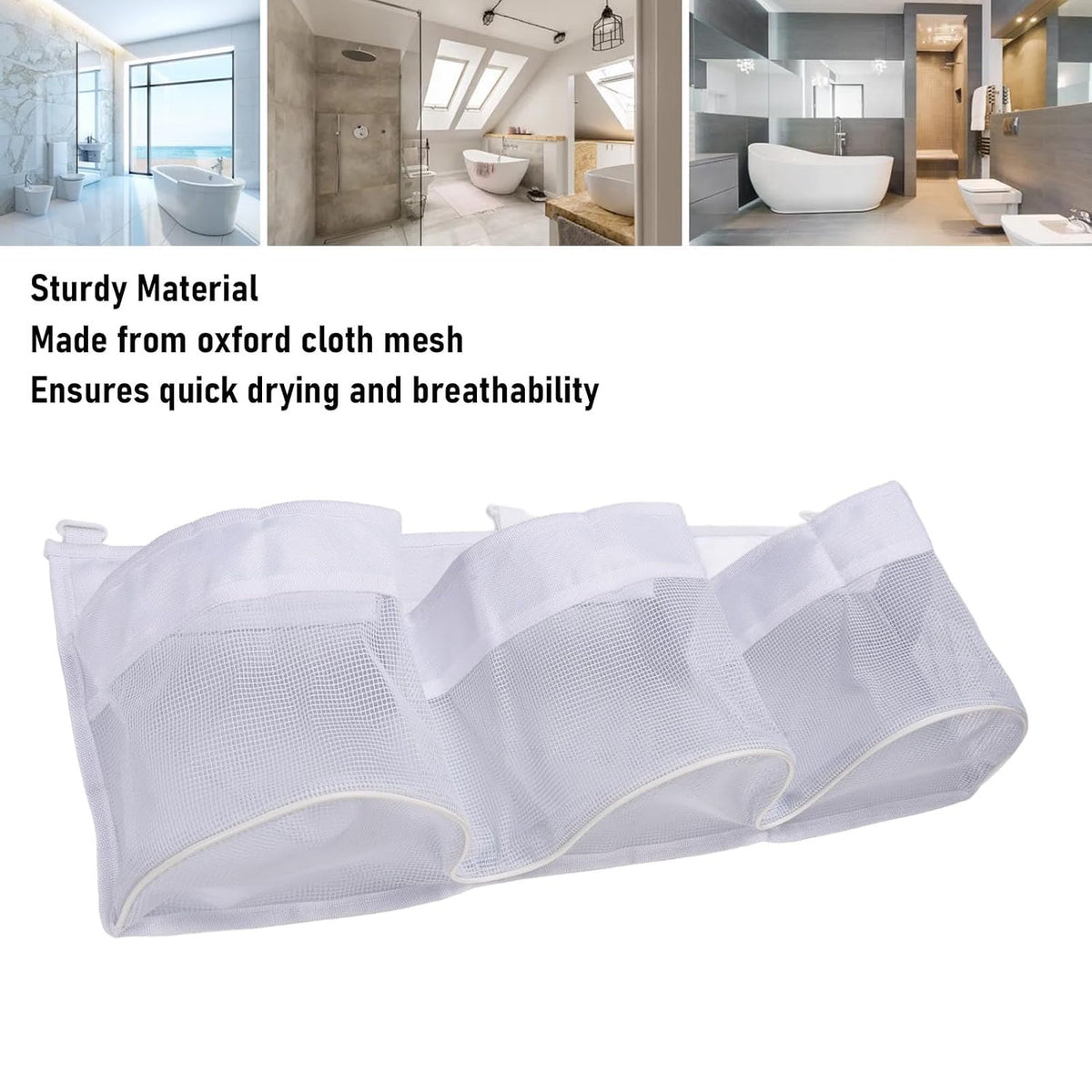Mesh Bath Toy Organizer, Multifunctional Bathtub Toy Organizer with 3 Pockets Mesh Bath Storage Quick Drying Net Tidy with 5 Strong Suction Hooks for