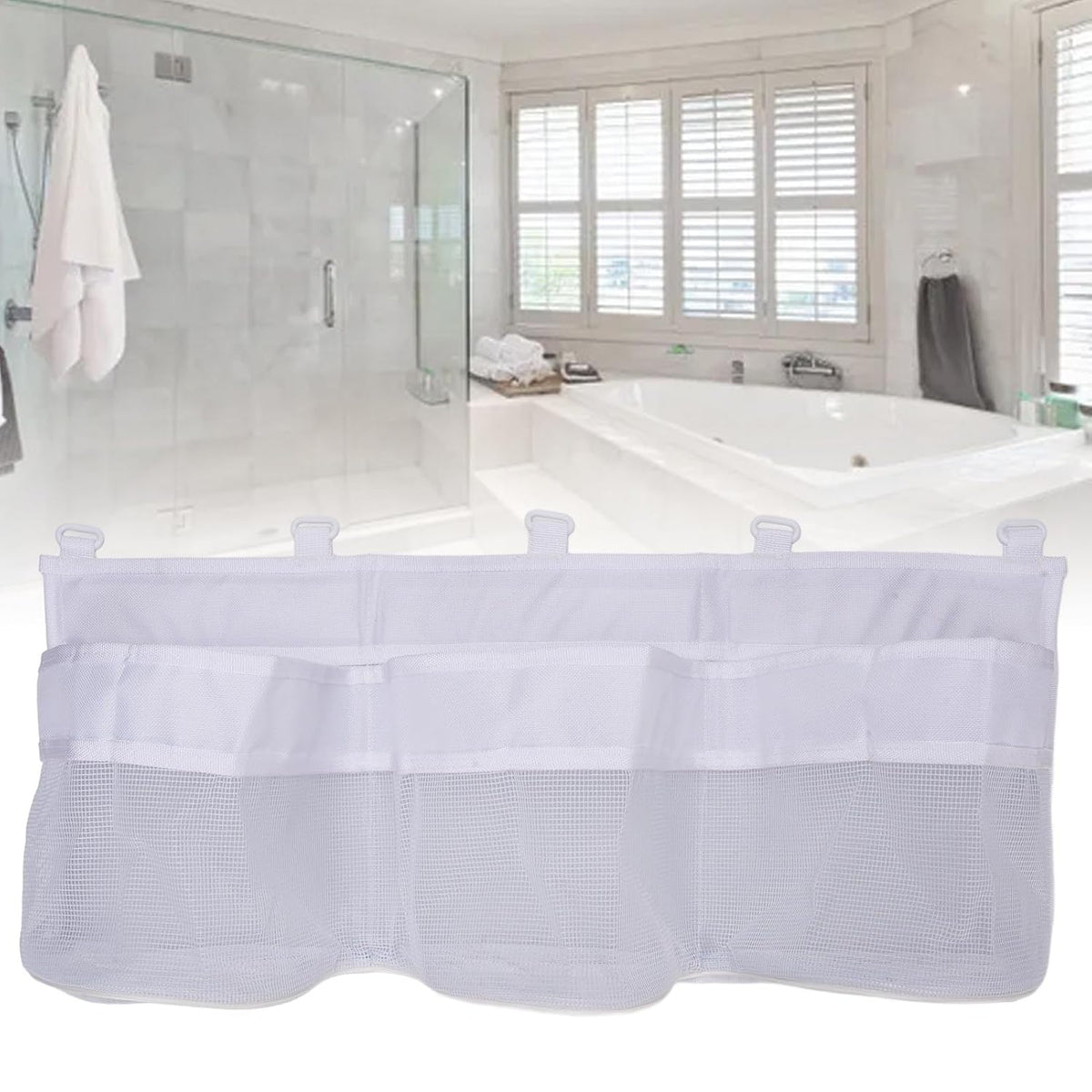 Mesh Bath Toy Organizer, Multifunctional Bathtub Toy Organizer with 3 Pockets Mesh Bath Storage Quick Drying Net Tidy with 5 Strong Suction Hooks for