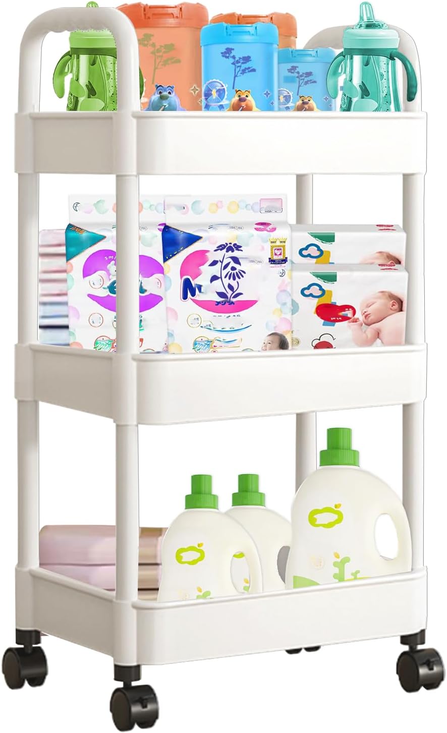 Baby Diaper Cart with Wheels and Handle 3 Tier Rolling Cart Diaper Organizer, Nursery Caddy Baby Organizer for Storage Baby Clothes, Wipes, Bibs, Changing Table Mats, White