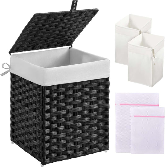 Laundry Hamper with Lid, 40L Clothes Hamper with 2 Removable Liner Bags & 2 Mesh Laundry Bags, Handwoven Synthetic Rattan Laundry Basket for Clothes, Toys in Bathroom, Bedroom Black