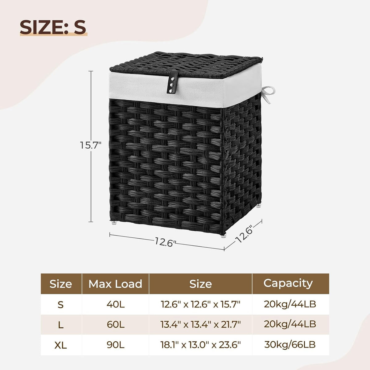 Laundry Hamper with Lid, 40L Clothes Hamper with 2 Removable Liner Bags & 2 Mesh Laundry Bags, Handwoven Synthetic Rattan Laundry Basket for Clothes, Toys in Bathroom, Bedroom Black