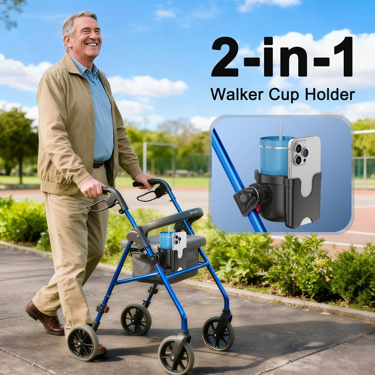 Cup Holder for Walker, Wheelchair Cup Holder with Phone Holder for Seniors