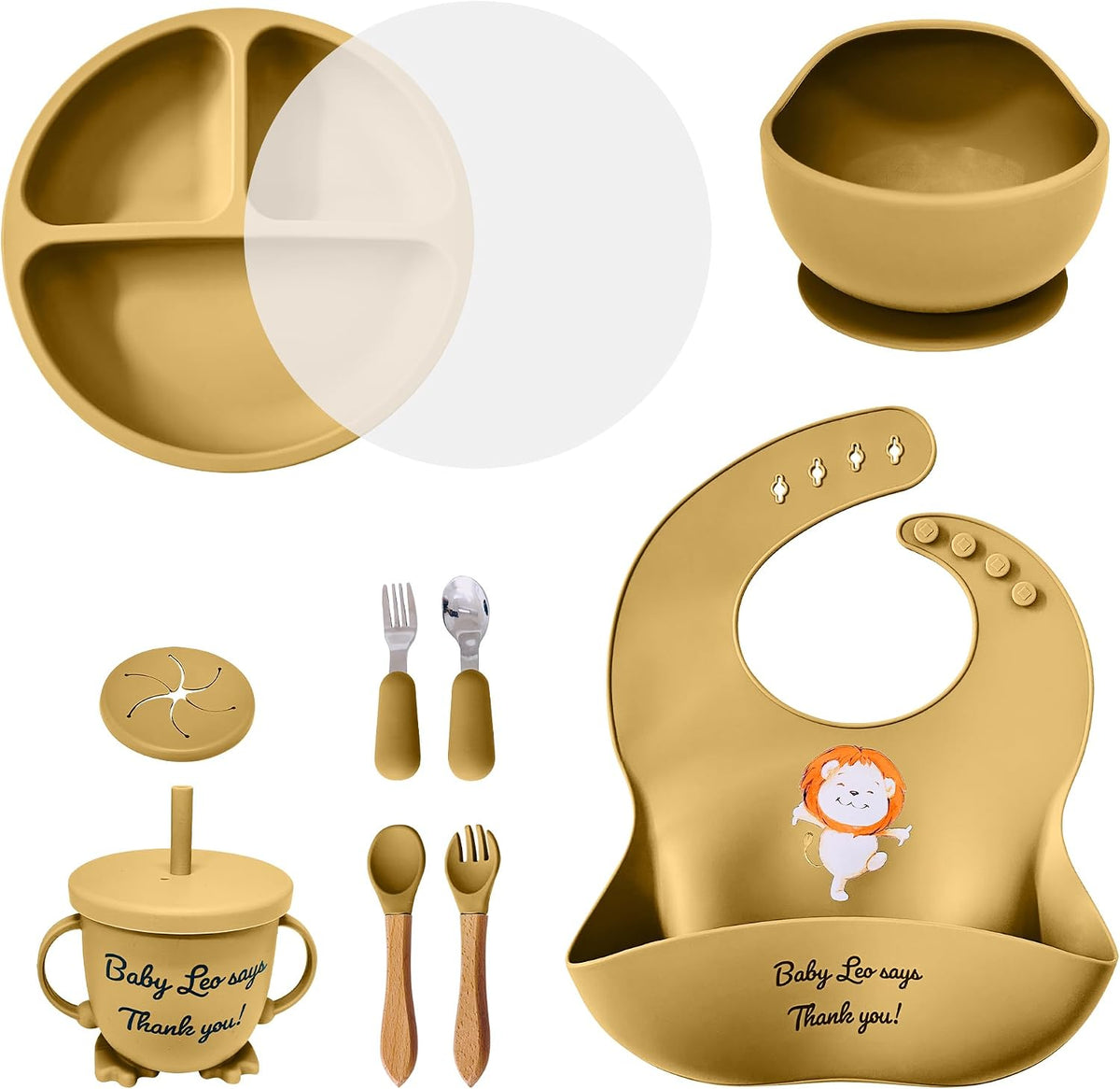 Baby Feeding Set 12 Piece Led Weaning Supplies Suction Bowl and Plate, Divided Plate, Spoon, Fork, Cup, Adjustable Bib Baby Self Feeding Utensils - Baby Feeding Supplies (Grey)