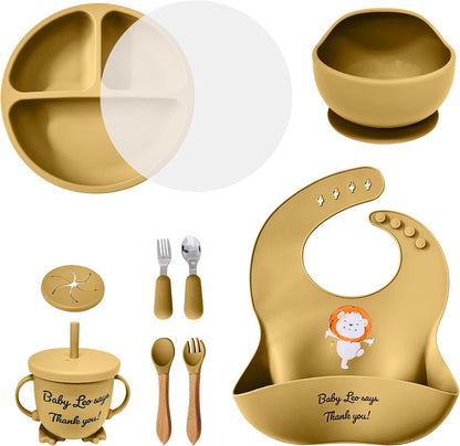 Baby Feeding Set 12 Piece Led Weaning Supplies Suction Bowl and Plate, Divided Plate, Spoon, Fork, Cup, Adjustable Bib Baby Self Feeding Utensils - Baby Feeding Supplies (Grey)