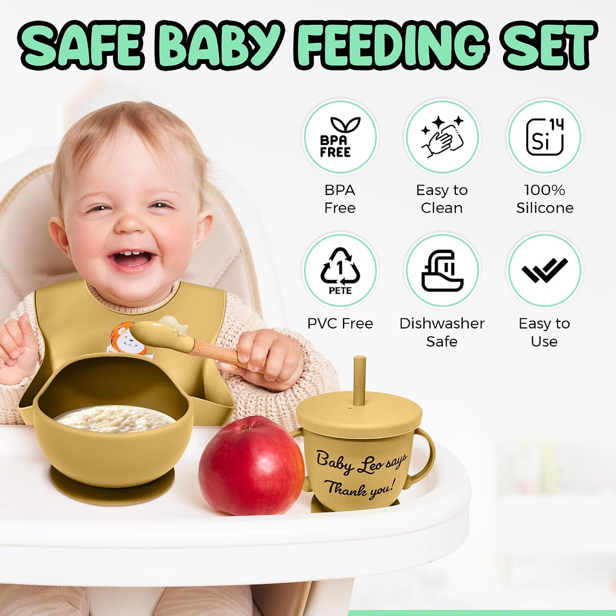 Baby Feeding Set 12 Piece Led Weaning Supplies Suction Bowl and Plate, Divided Plate, Spoon, Fork, Cup, Adjustable Bib Baby Self Feeding Utensils - Baby Feeding Supplies (Grey)
