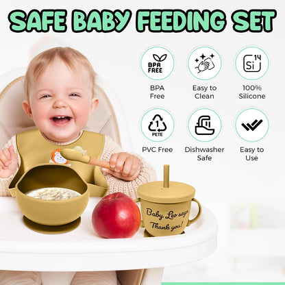 Baby Feeding Set 12 Piece Led Weaning Supplies Suction Bowl and Plate, Divided Plate, Spoon, Fork, Cup, Adjustable Bib Baby Self Feeding Utensils - Baby Feeding Supplies (Grey)
