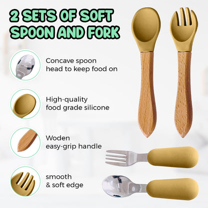 Baby Feeding Set 12 Piece Led Weaning Supplies Suction Bowl and Plate, Divided Plate, Spoon, Fork, Cup, Adjustable Bib Baby Self Feeding Utensils - Baby Feeding Supplies (Grey)