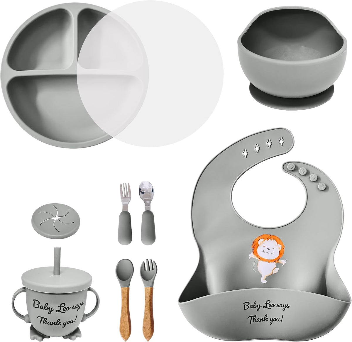 Baby Feeding Set 12 Piece Led Weaning Supplies Suction Bowl and Plate, Divided Plate, Spoon, Fork, Cup, Adjustable Bib Baby Self Feeding Utensils - Baby Feeding Supplies (Grey)