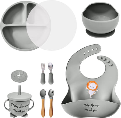 Baby Feeding Set 12 Piece Led Weaning Supplies Suction Bowl and Plate, Divided Plate, Spoon, Fork, Cup, Adjustable Bib Baby Self Feeding Utensils - Baby Feeding Supplies (Grey)