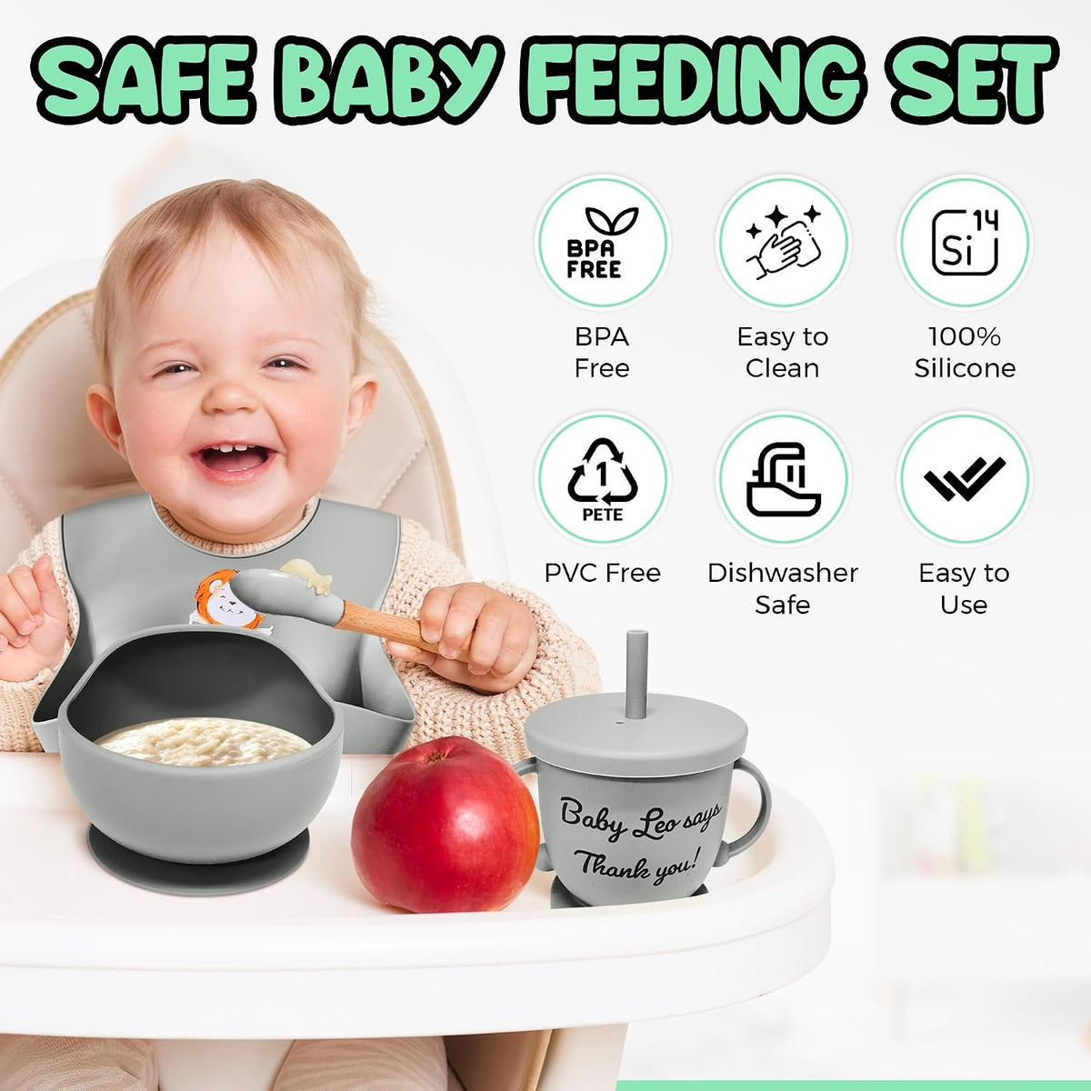 Baby Feeding Set 12 Piece Led Weaning Supplies Suction Bowl and Plate, Divided Plate, Spoon, Fork, Cup, Adjustable Bib Baby Self Feeding Utensils - Baby Feeding Supplies (Grey)