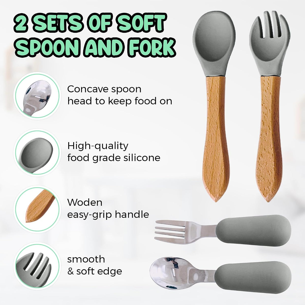 Baby Feeding Set 12 Piece Led Weaning Supplies Suction Bowl and Plate, Divided Plate, Spoon, Fork, Cup, Adjustable Bib Baby Self Feeding Utensils - Baby Feeding Supplies (Grey)