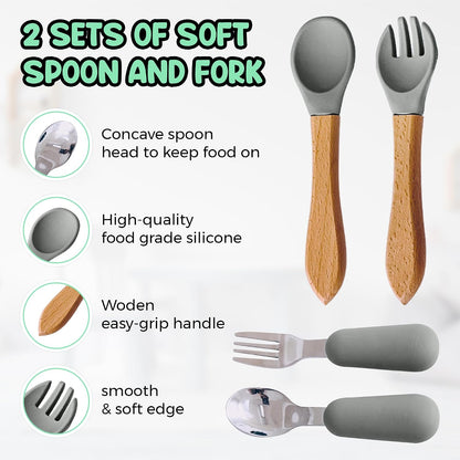 Baby Feeding Set 12 Piece Led Weaning Supplies Suction Bowl and Plate, Divided Plate, Spoon, Fork, Cup, Adjustable Bib Baby Self Feeding Utensils - Baby Feeding Supplies (Grey)