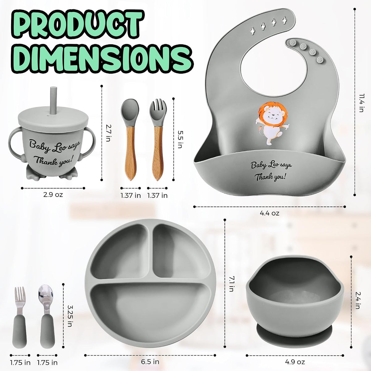 Baby Feeding Set 12 Piece Led Weaning Supplies Suction Bowl and Plate, Divided Plate, Spoon, Fork, Cup, Adjustable Bib Baby Self Feeding Utensils - Baby Feeding Supplies (Grey)