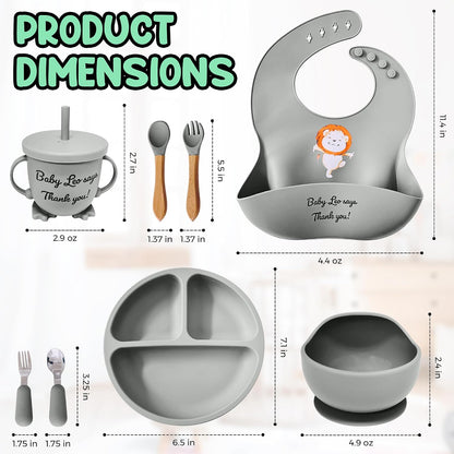 Baby Feeding Set 12 Piece Led Weaning Supplies Suction Bowl and Plate, Divided Plate, Spoon, Fork, Cup, Adjustable Bib Baby Self Feeding Utensils - Baby Feeding Supplies (Grey)