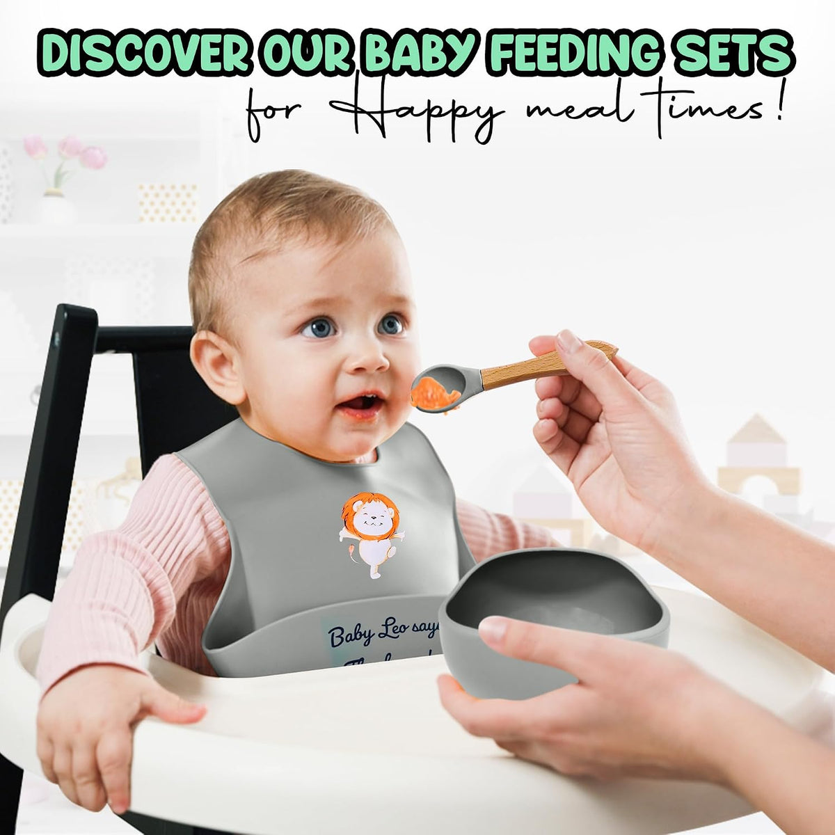 Baby Feeding Set 12 Piece Led Weaning Supplies Suction Bowl and Plate, Divided Plate, Spoon, Fork, Cup, Adjustable Bib Baby Self Feeding Utensils - Baby Feeding Supplies (Grey)