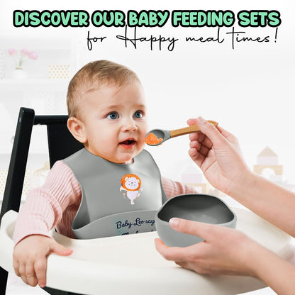 Baby Feeding Set 12 Piece Led Weaning Supplies Suction Bowl and Plate, Divided Plate, Spoon, Fork, Cup, Adjustable Bib Baby Self Feeding Utensils - Baby Feeding Supplies (Grey)