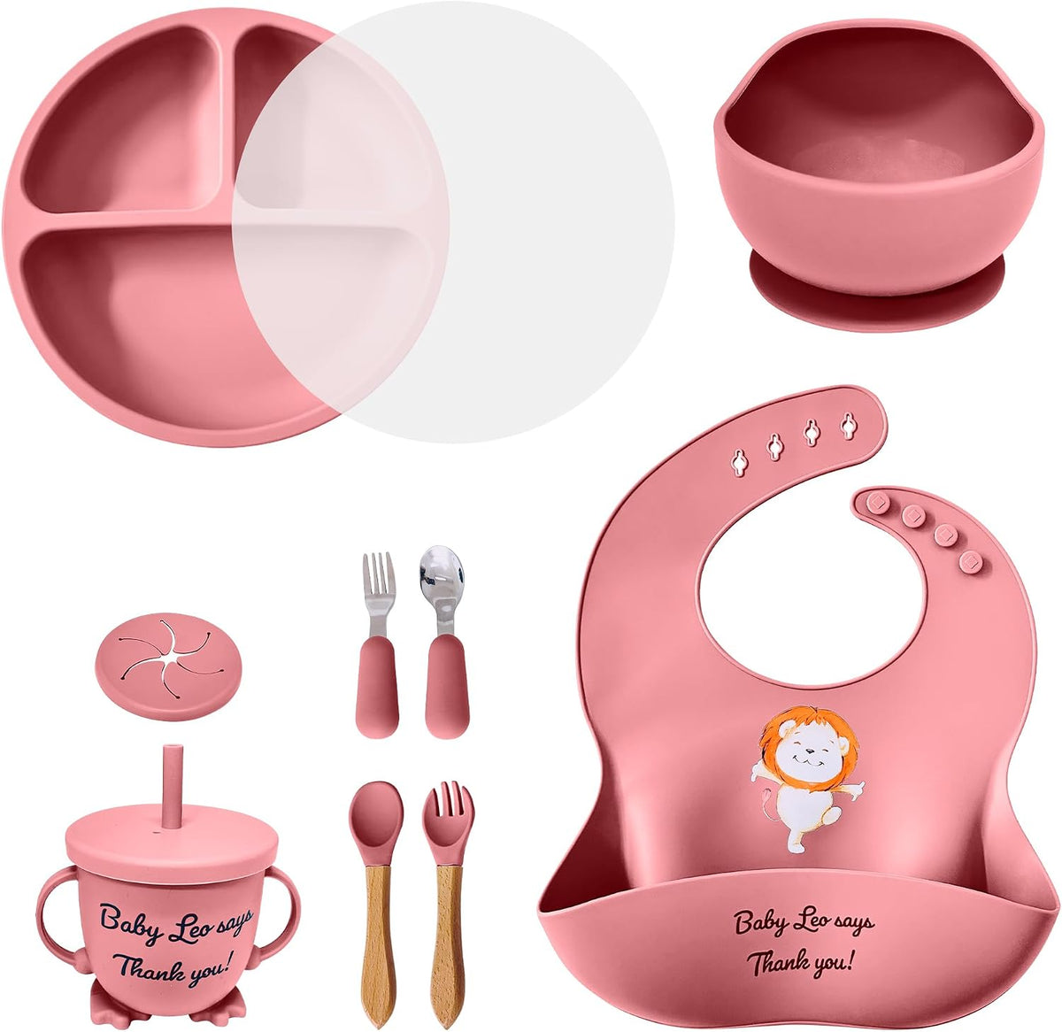 Baby Feeding Set 12 Piece Led Weaning Supplies Suction Bowl and Plate, Divided Plate, Spoon, Fork, Cup, Adjustable Bib Baby Self Feeding Utensils - Baby Feeding Supplies (Grey)