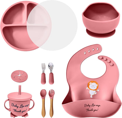 Baby Feeding Set 12 Piece Led Weaning Supplies Suction Bowl and Plate, Divided Plate, Spoon, Fork, Cup, Adjustable Bib Baby Self Feeding Utensils - Baby Feeding Supplies (Grey)