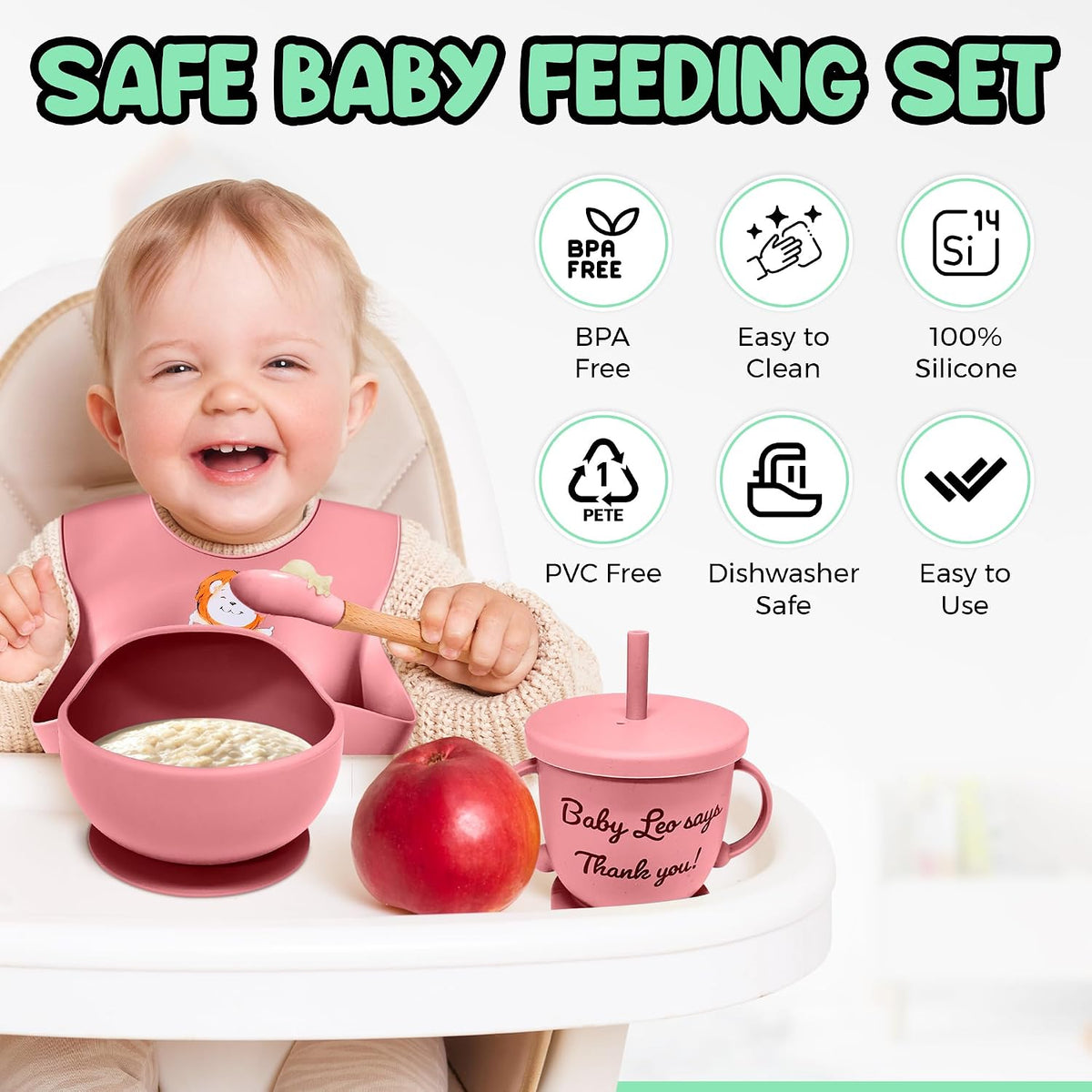 Baby Feeding Set 12 Piece Led Weaning Supplies Suction Bowl and Plate, Divided Plate, Spoon, Fork, Cup, Adjustable Bib Baby Self Feeding Utensils - Baby Feeding Supplies (Grey)