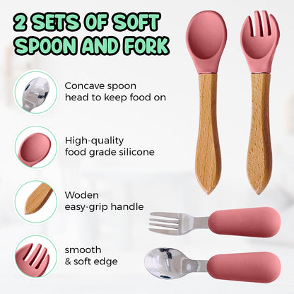 Baby Feeding Set 12 Piece Led Weaning Supplies Suction Bowl and Plate, Divided Plate, Spoon, Fork, Cup, Adjustable Bib Baby Self Feeding Utensils - Baby Feeding Supplies (Grey)