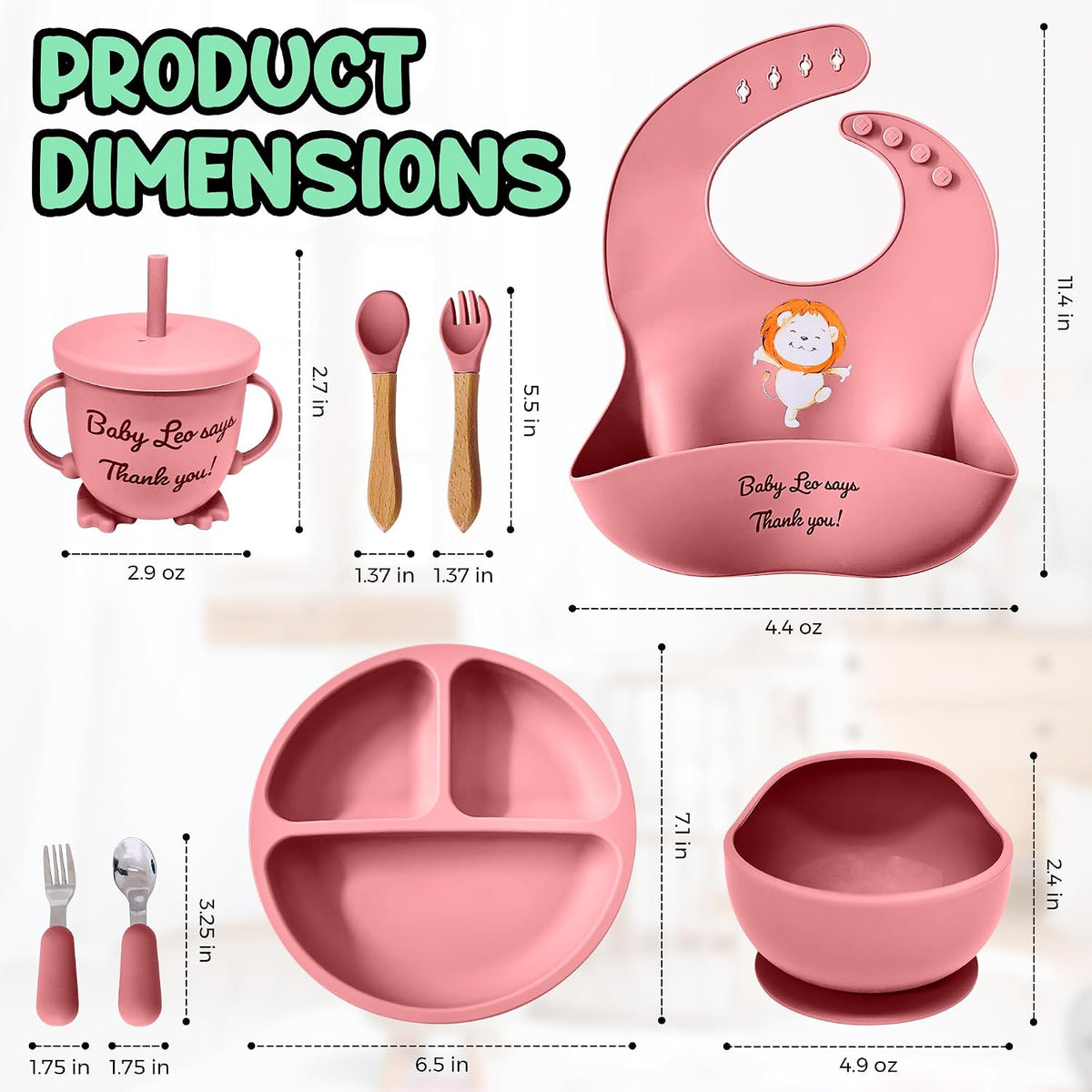 Baby Feeding Set 12 Piece Led Weaning Supplies Suction Bowl and Plate, Divided Plate, Spoon, Fork, Cup, Adjustable Bib Baby Self Feeding Utensils - Baby Feeding Supplies (Grey)