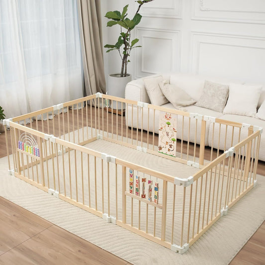 Ulnxiy Wooden Baby Playpen with Toy 84"x56" Foldable Play Yard for Toddlers