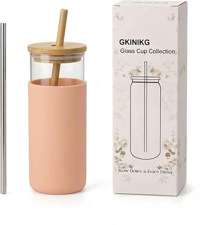 16 oz glass cups with lids and straws - Thick 2.8mm Borosilicate Iced Coffee Cup and smoothie cup with White Silicone Sleeve -Car Cup Holder Reusable Water Bottle for Smoothie & Matcha, Gift Box