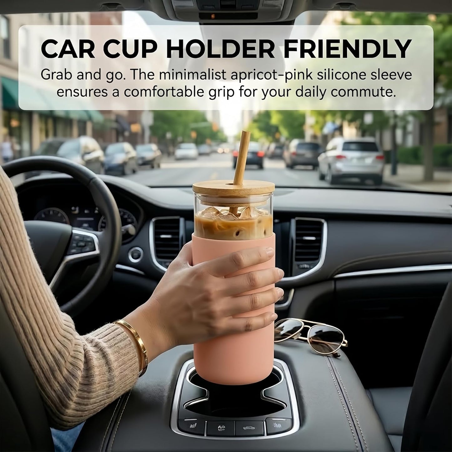 16 oz glass cups with lids and straws - Thick 2.8mm Borosilicate Iced Coffee Cup and smoothie cup with White Silicone Sleeve -Car Cup Holder Reusable Water Bottle for Smoothie & Matcha, Gift Box