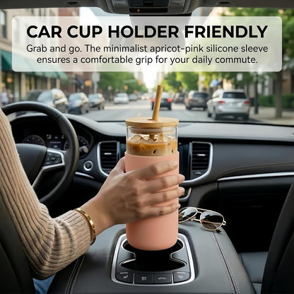 16 oz glass cups with lids and straws - Thick 2.8mm Borosilicate Iced Coffee Cup and smoothie cup with White Silicone Sleeve -Car Cup Holder Reusable Water Bottle for Smoothie & Matcha, Gift Box