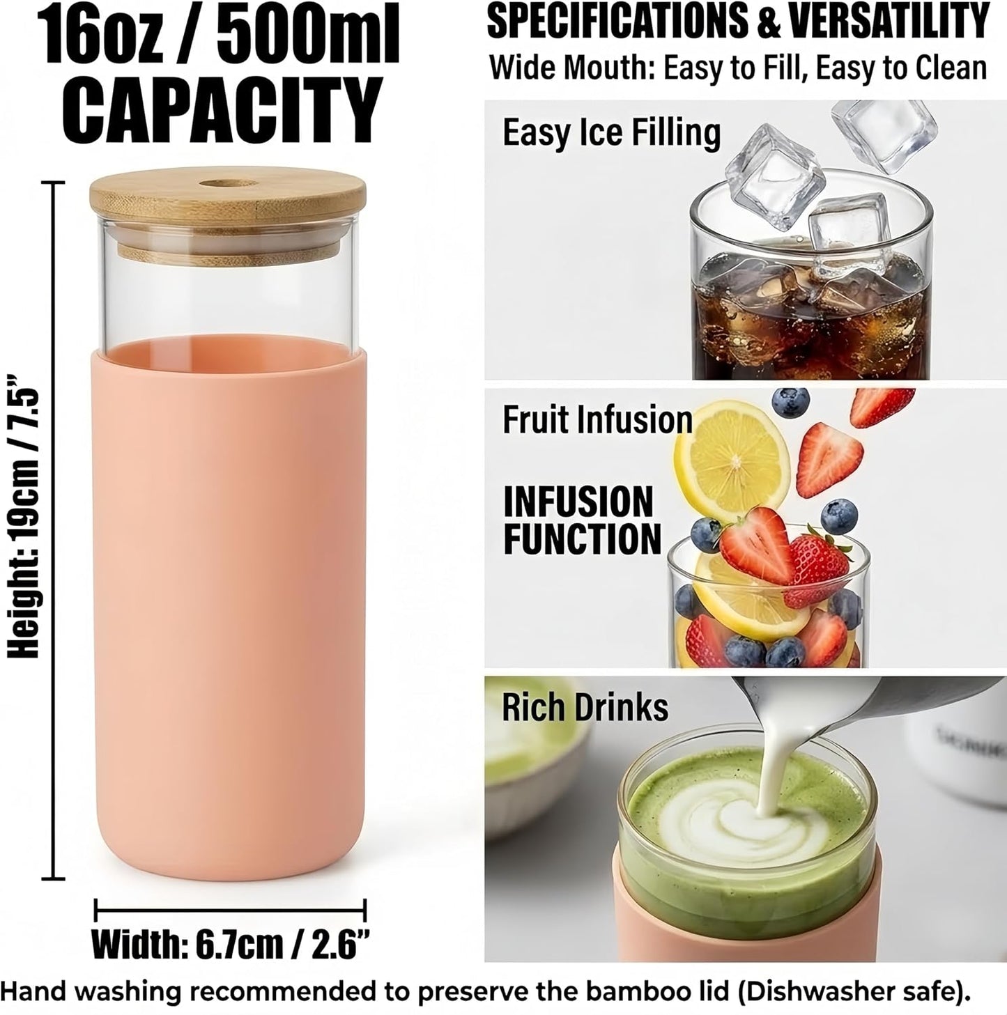 16 oz glass cups with lids and straws - Thick 2.8mm Borosilicate Iced Coffee Cup and smoothie cup with White Silicone Sleeve -Car Cup Holder Reusable Water Bottle for Smoothie & Matcha, Gift Box