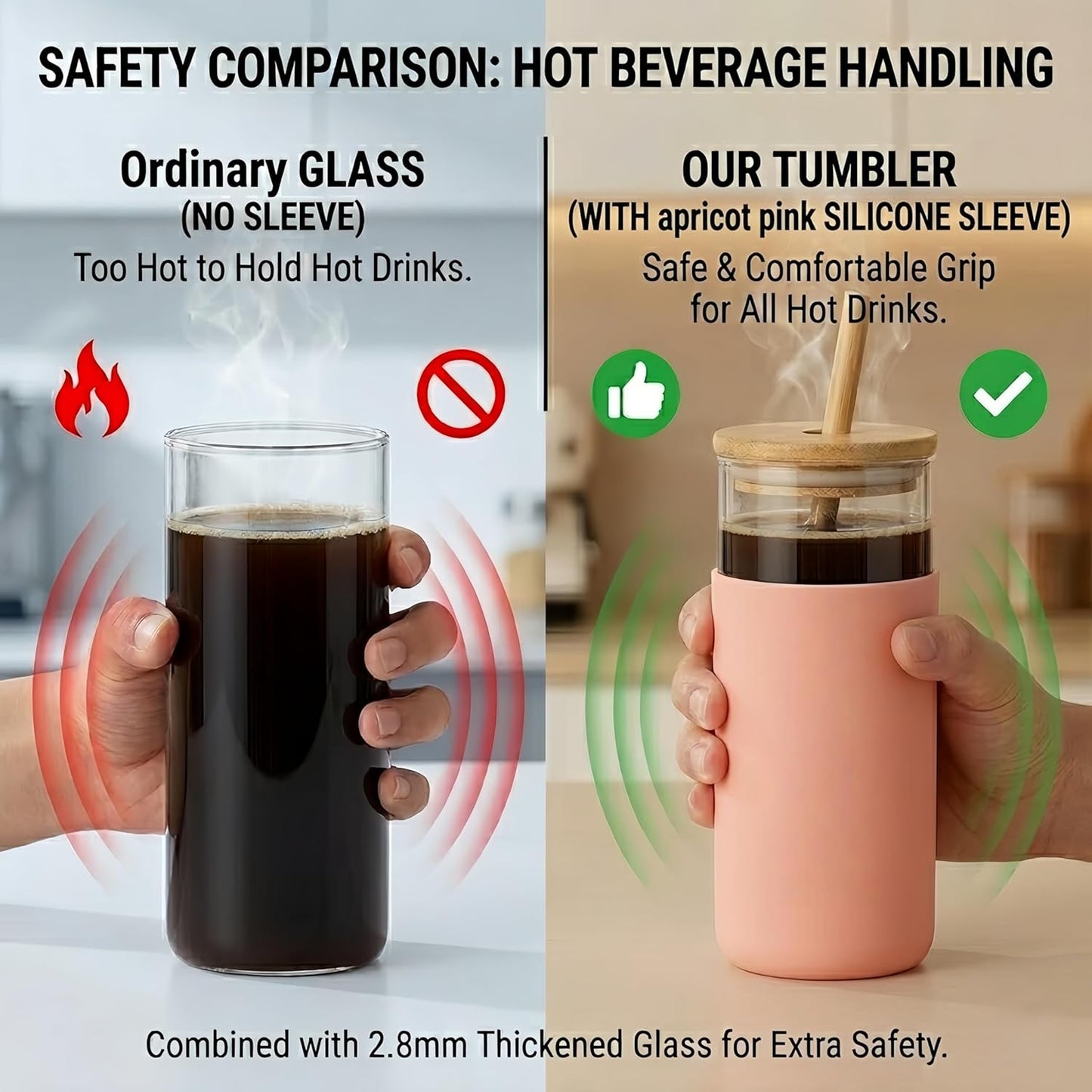 16 oz glass cups with lids and straws - Thick 2.8mm Borosilicate Iced Coffee Cup and smoothie cup with White Silicone Sleeve -Car Cup Holder Reusable Water Bottle for Smoothie & Matcha, Gift Box