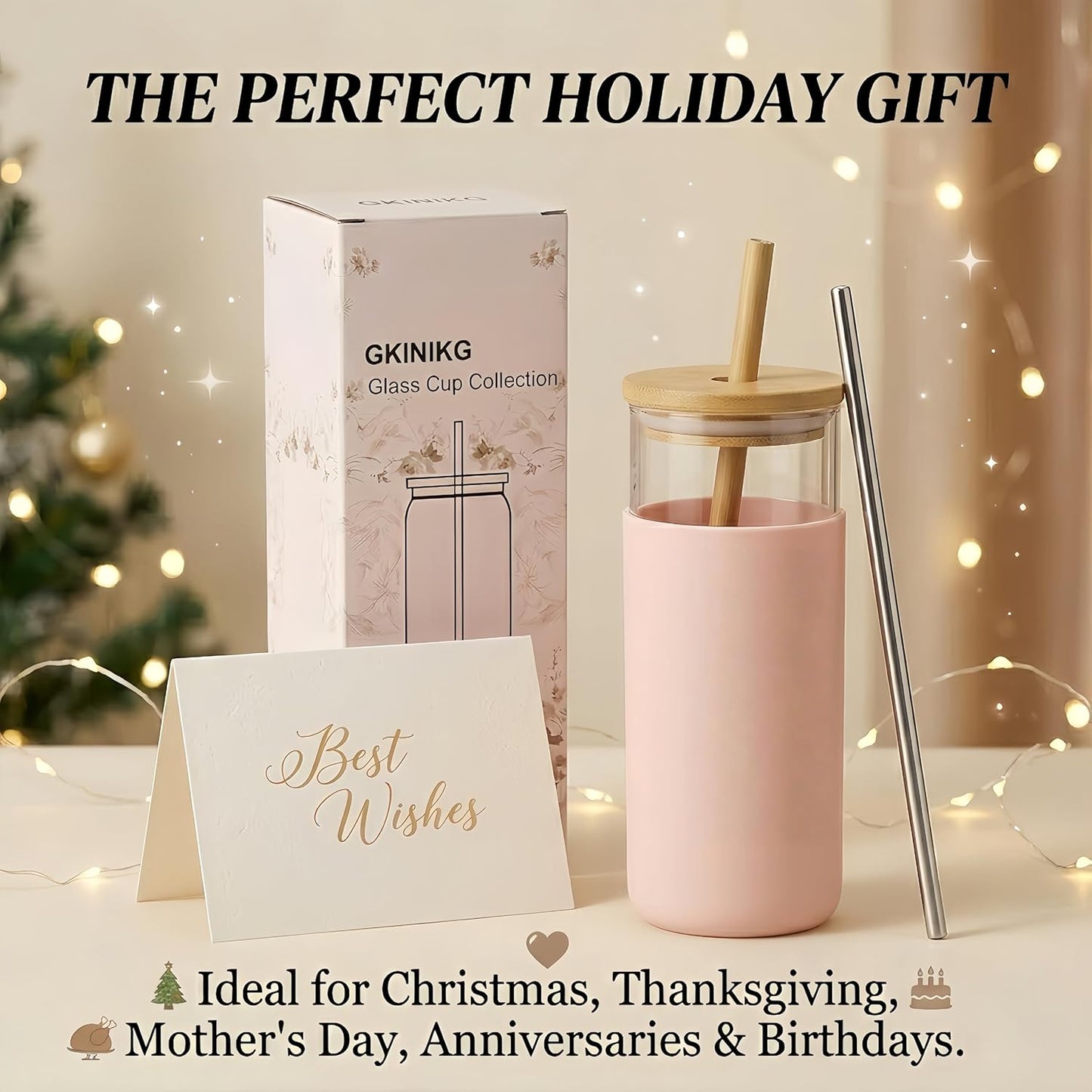 16 oz glass cups with lids and straws - Thick 2.8mm Borosilicate Iced Coffee Cup and smoothie cup with White Silicone Sleeve -Car Cup Holder Reusable Water Bottle for Smoothie & Matcha, Gift Box