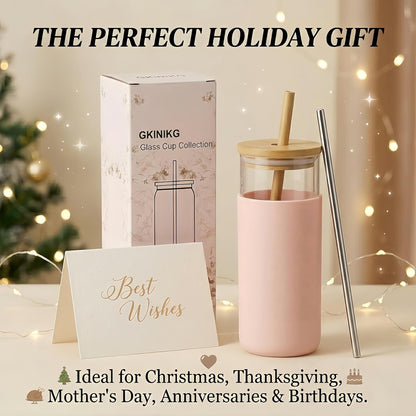 16 oz glass cups with lids and straws - Thick 2.8mm Borosilicate Iced Coffee Cup and smoothie cup with White Silicone Sleeve -Car Cup Holder Reusable Water Bottle for Smoothie & Matcha, Gift Box