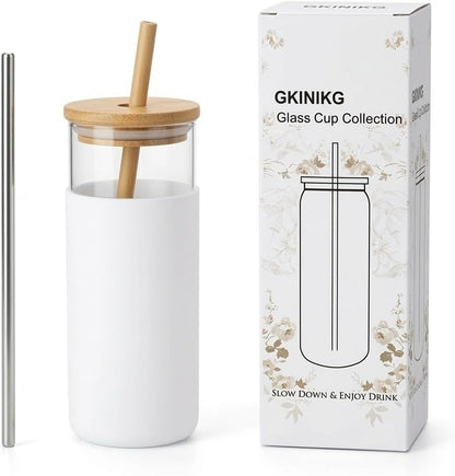 16 oz glass cups with lids and straws - Thick 2.8mm Borosilicate Iced Coffee Cup and smoothie cup with White Silicone Sleeve -Car Cup Holder Reusable Water Bottle for Smoothie & Matcha, Gift Box