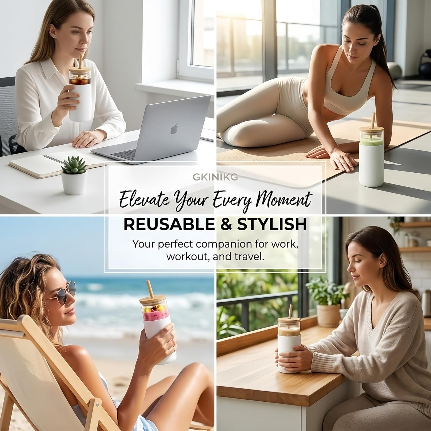 16 oz glass cups with lids and straws - Thick 2.8mm Borosilicate Iced Coffee Cup and smoothie cup with White Silicone Sleeve -Car Cup Holder Reusable Water Bottle for Smoothie & Matcha, Gift Box