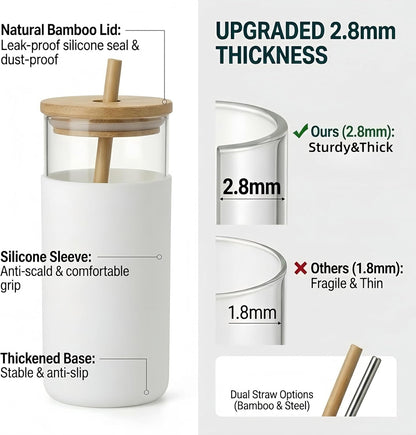 16 oz glass cups with lids and straws - Thick 2.8mm Borosilicate Iced Coffee Cup and smoothie cup with White Silicone Sleeve -Car Cup Holder Reusable Water Bottle for Smoothie & Matcha, Gift Box