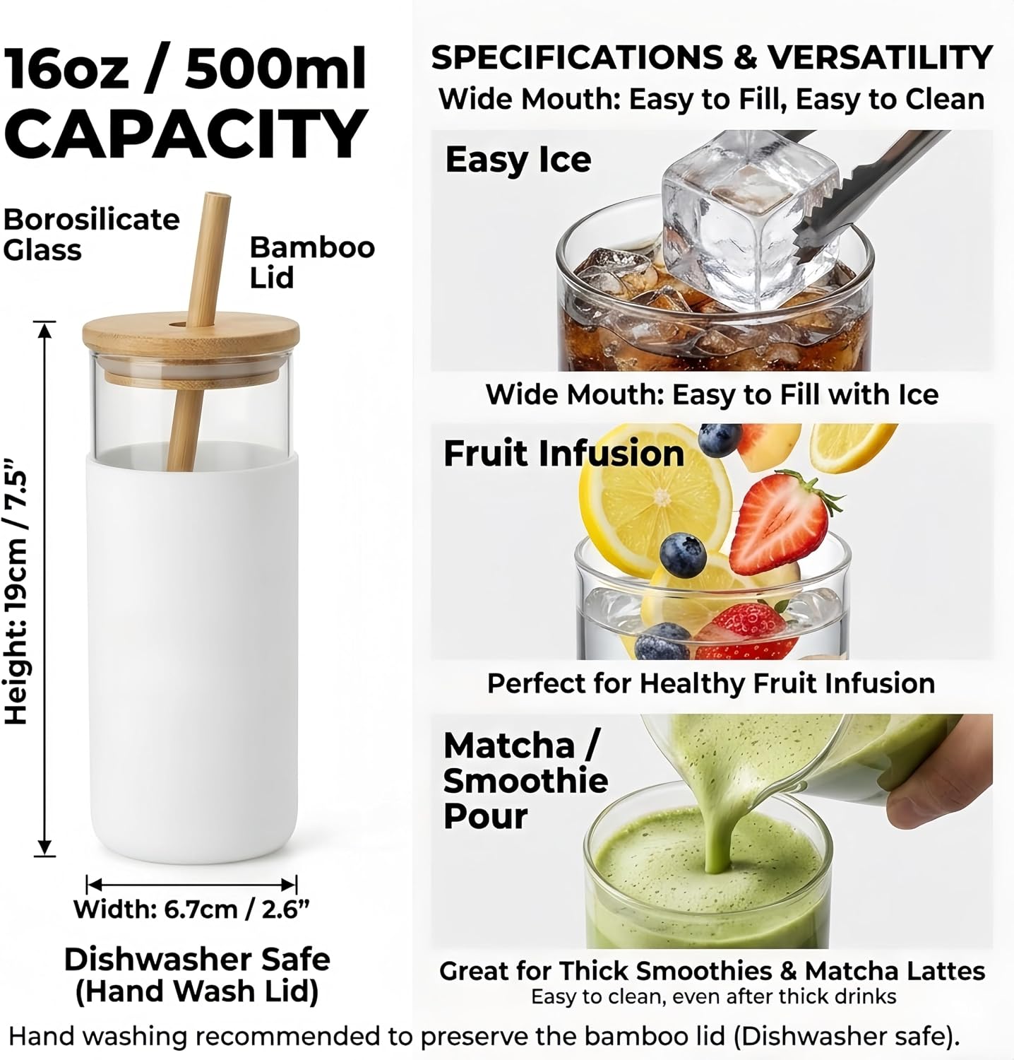 16 oz glass cups with lids and straws - Thick 2.8mm Borosilicate Iced Coffee Cup and smoothie cup with White Silicone Sleeve -Car Cup Holder Reusable Water Bottle for Smoothie & Matcha, Gift Box