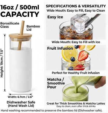 16 oz glass cups with lids and straws - Thick 2.8mm Borosilicate Iced Coffee Cup and smoothie cup with White Silicone Sleeve -Car Cup Holder Reusable Water Bottle for Smoothie & Matcha, Gift Box