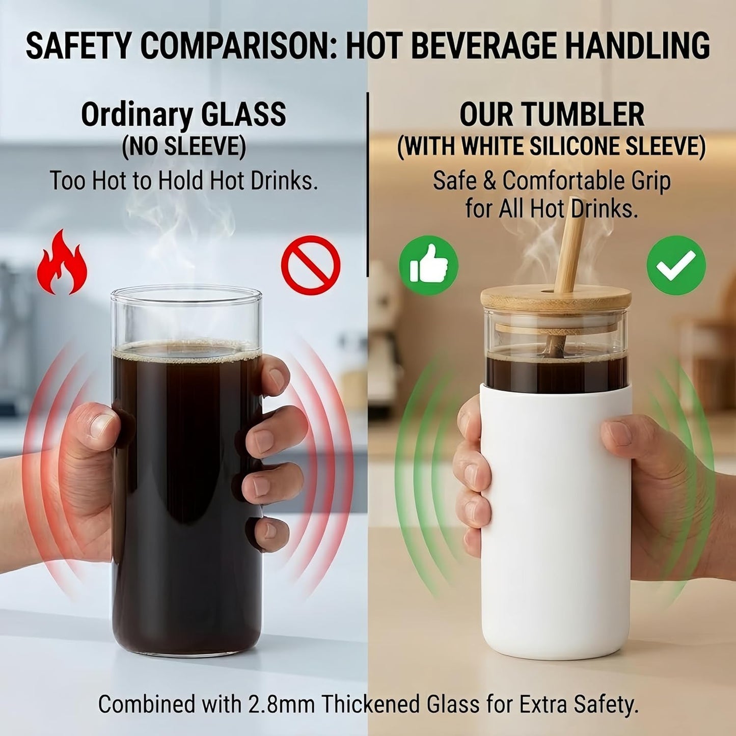 16 oz glass cups with lids and straws - Thick 2.8mm Borosilicate Iced Coffee Cup and smoothie cup with White Silicone Sleeve -Car Cup Holder Reusable Water Bottle for Smoothie & Matcha, Gift Box