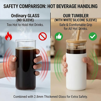 16 oz glass cups with lids and straws - Thick 2.8mm Borosilicate Iced Coffee Cup and smoothie cup with White Silicone Sleeve -Car Cup Holder Reusable Water Bottle for Smoothie & Matcha, Gift Box