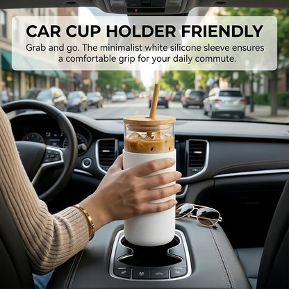 16 oz glass cups with lids and straws - Thick 2.8mm Borosilicate Iced Coffee Cup and smoothie cup with White Silicone Sleeve -Car Cup Holder Reusable Water Bottle for Smoothie & Matcha, Gift Box