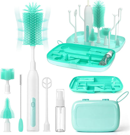 Electric Bottle Brush Cleaner,Portable Electric Baby Bottle Brush Cleaner with Storage Box,Long Battery Life,IPX7 Waterproof,Rechargeable Baby Bottle Cleaning kit for Home & On-The-Go(Mint Green)