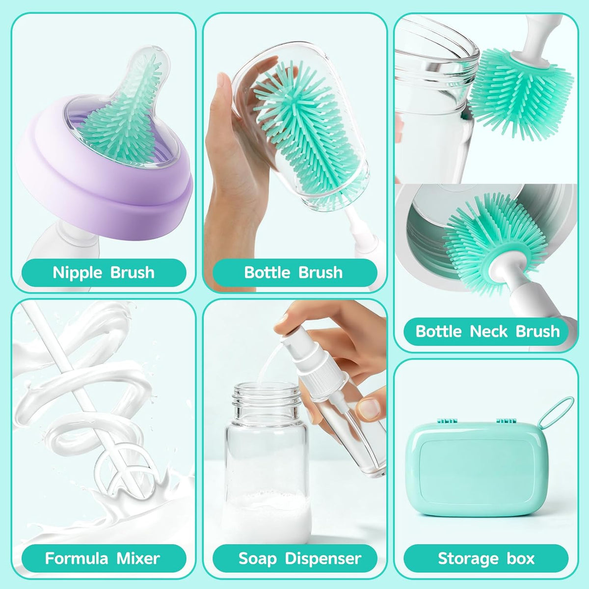 Electric Bottle Brush Cleaner,Portable Electric Baby Bottle Brush Cleaner with Storage Box,Long Battery Life,IPX7 Waterproof,Rechargeable Baby Bottle Cleaning kit for Home & On-The-Go(Mint Green)