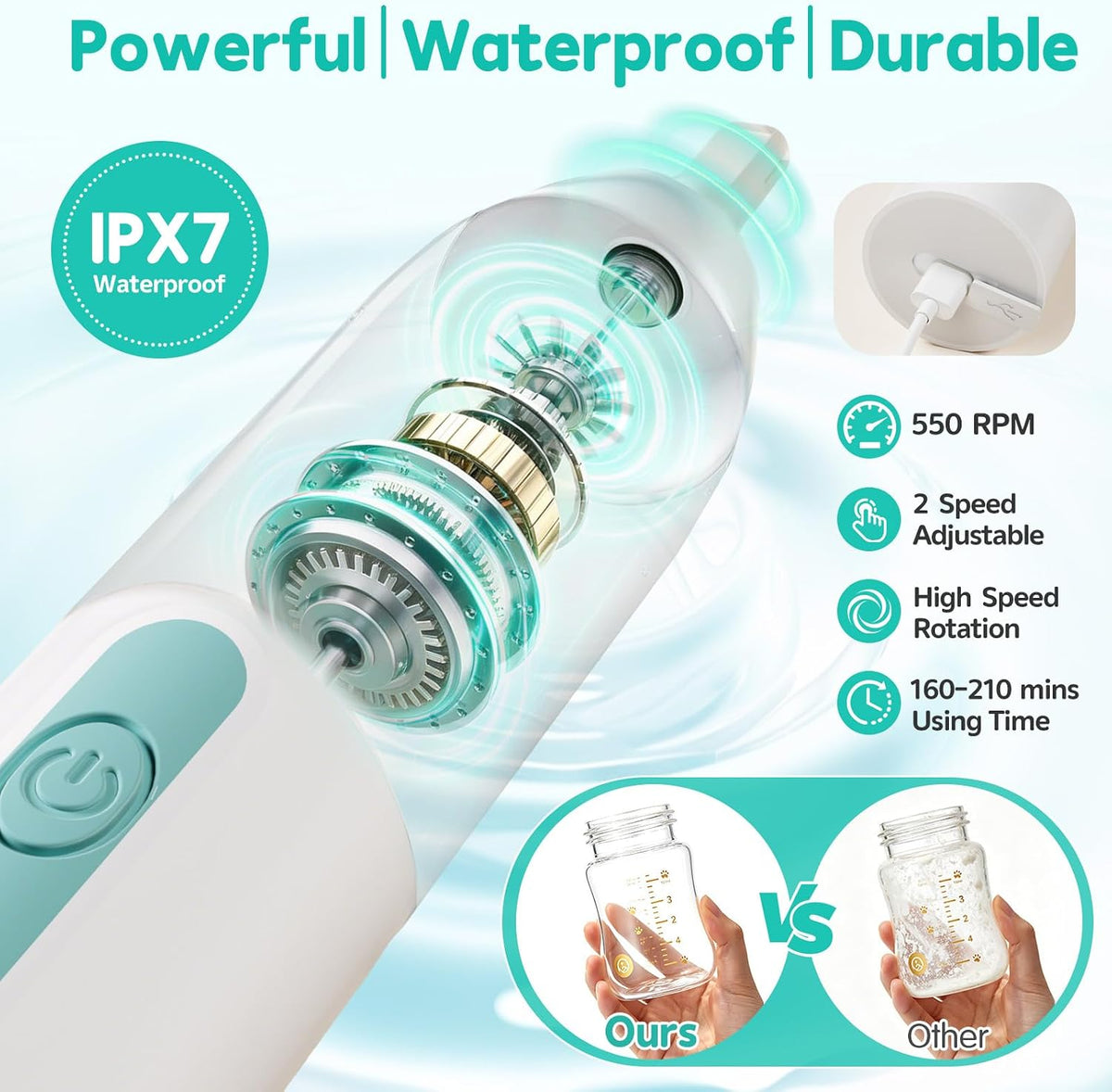 Electric Bottle Brush Cleaner,Portable Electric Baby Bottle Brush Cleaner with Storage Box,Long Battery Life,IPX7 Waterproof,Rechargeable Baby Bottle Cleaning kit for Home & On-The-Go(Mint Green)