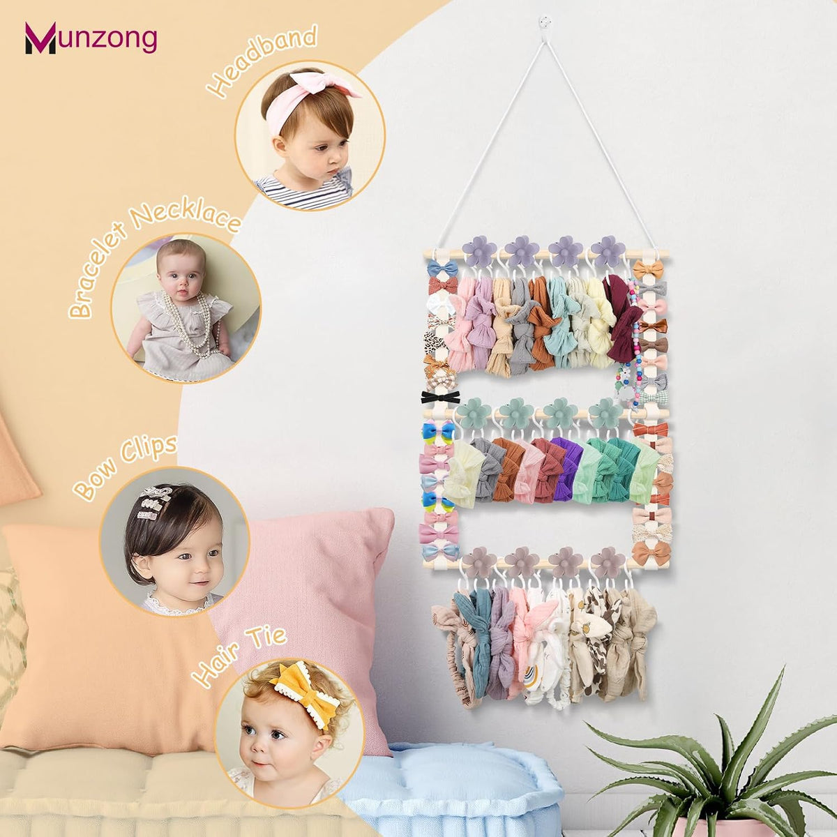 Bow Holder for Girls Hair Bows 52x17 inch, Beige Bow Clip Organizer