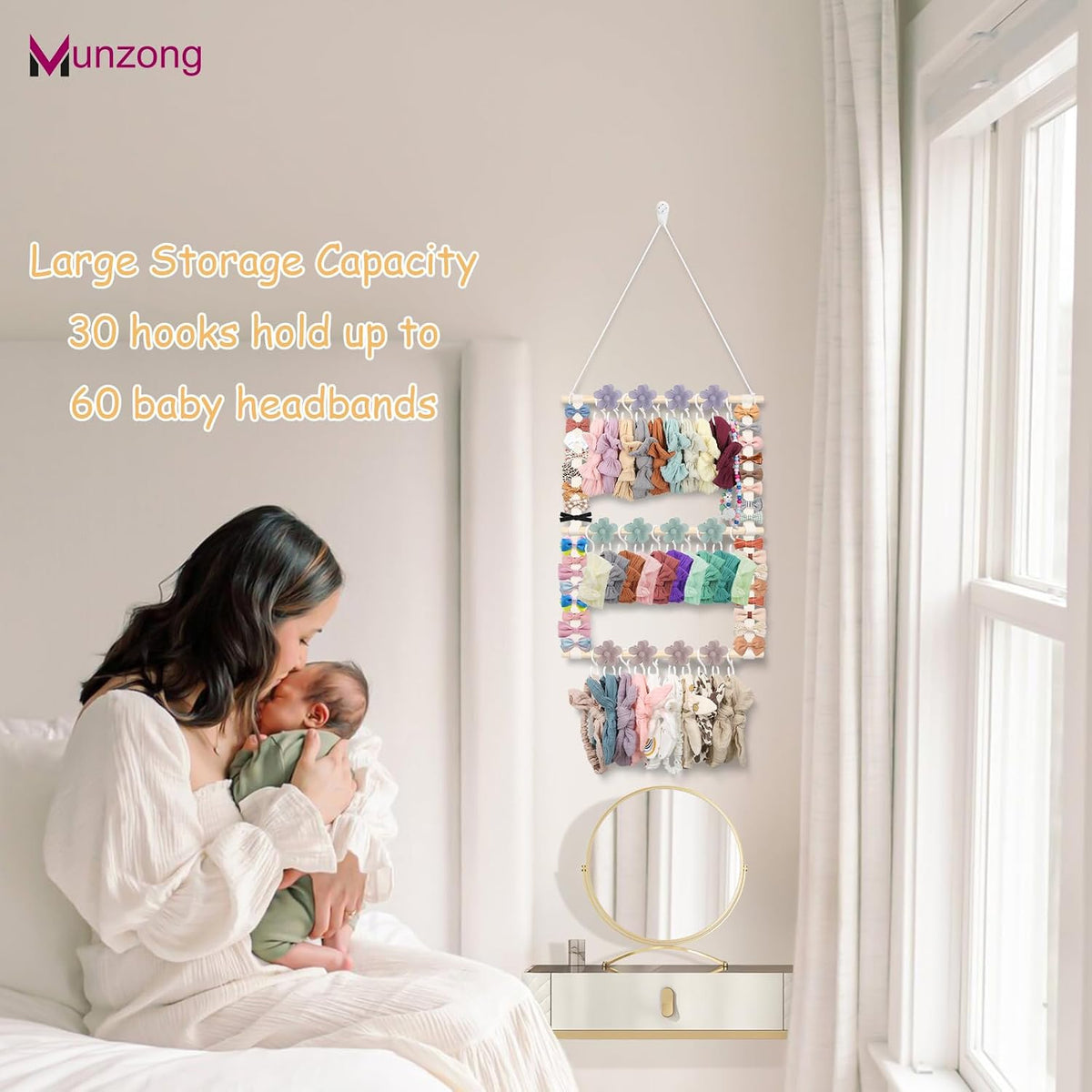 Bow Holder for Girls Hair Bows 52x17 inch, Beige Bow Clip Organizer