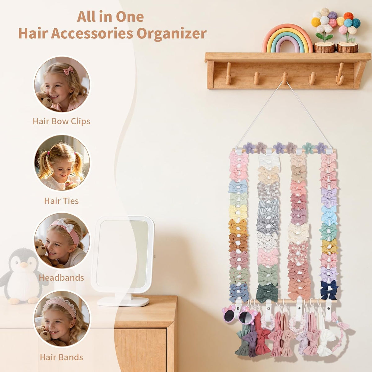 Bow Holder for Girls Hair Bows 52x17 inch, Beige Bow Clip Organizer