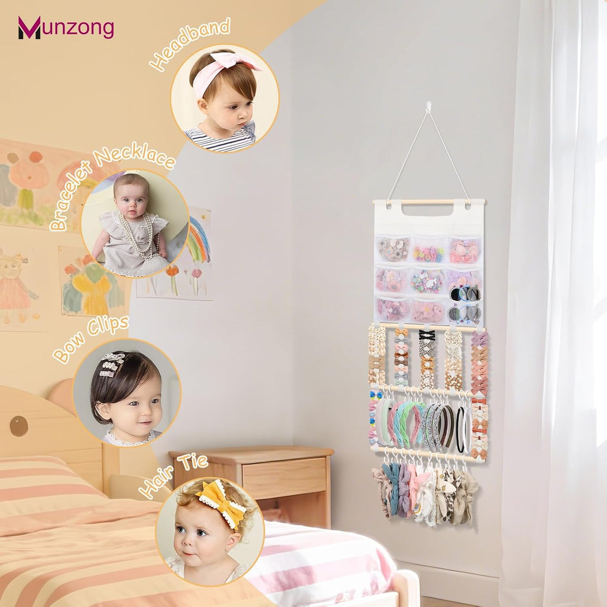 Bow Holder for Girls Hair Bows 52x17 inch, Beige Bow Clip Organizer