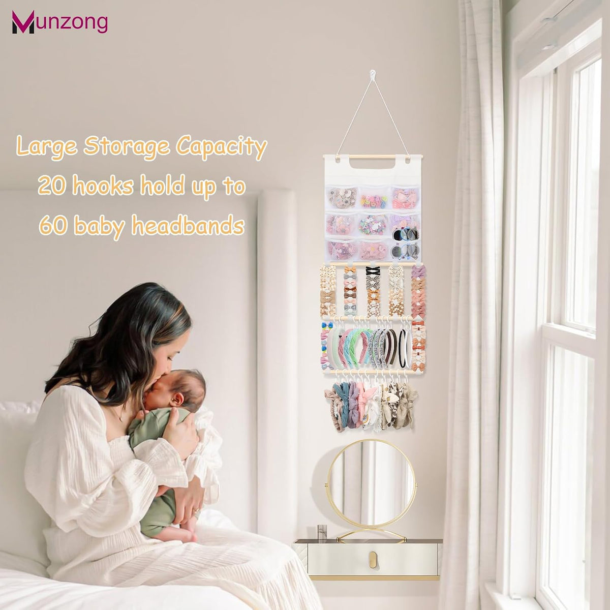 Bow Holder for Girls Hair Bows 52x17 inch, Beige Bow Clip Organizer
