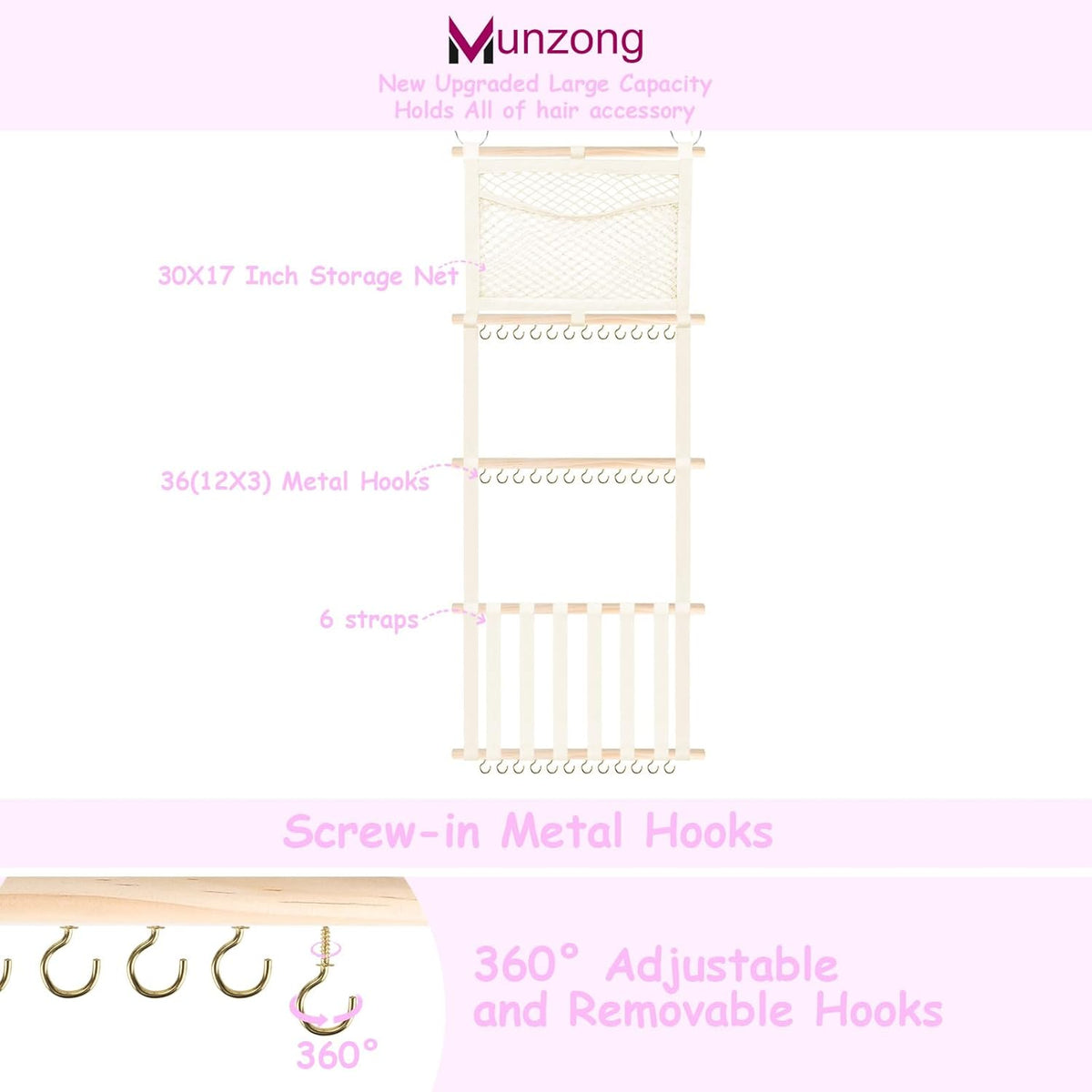 Bow Holder for Girls Hair Bows 52x17 inch, Beige Bow Clip Organizer